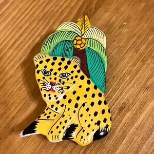Handpainted Leopard Pin with Palm Tree Accent - Yellow & Green
